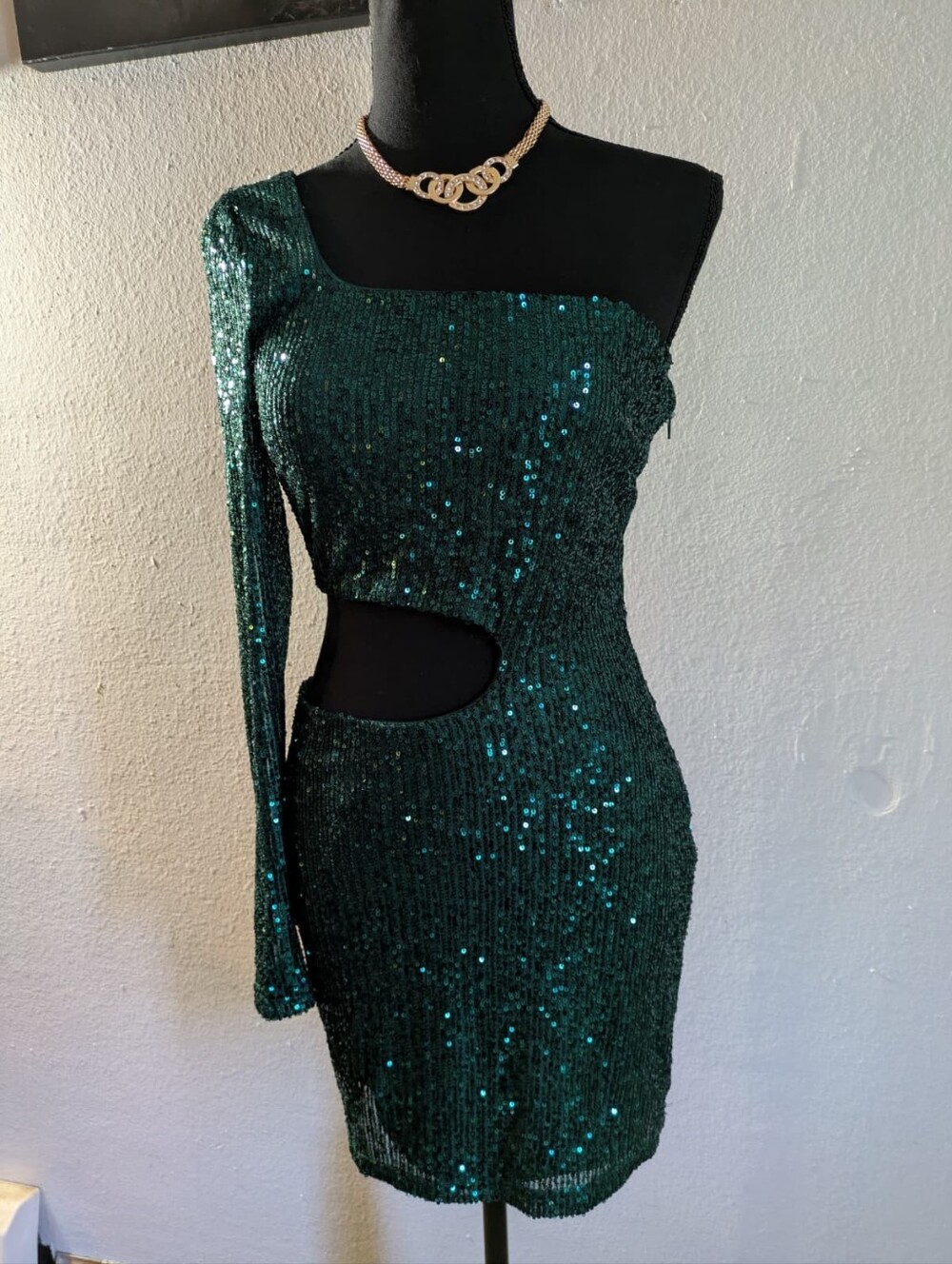 ​Windsor Hunter Green Sequin One Shoulder Cutout Mini Dress - Size L - NWT